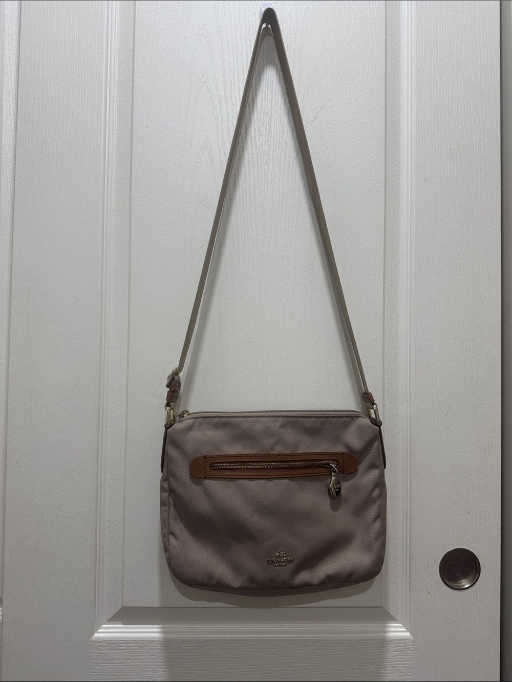 Coach Beige Nylon Crossbody Bag Tan Leather Trim Lightweight Purse
